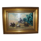 Huile sur panneau bois coq et poules signée