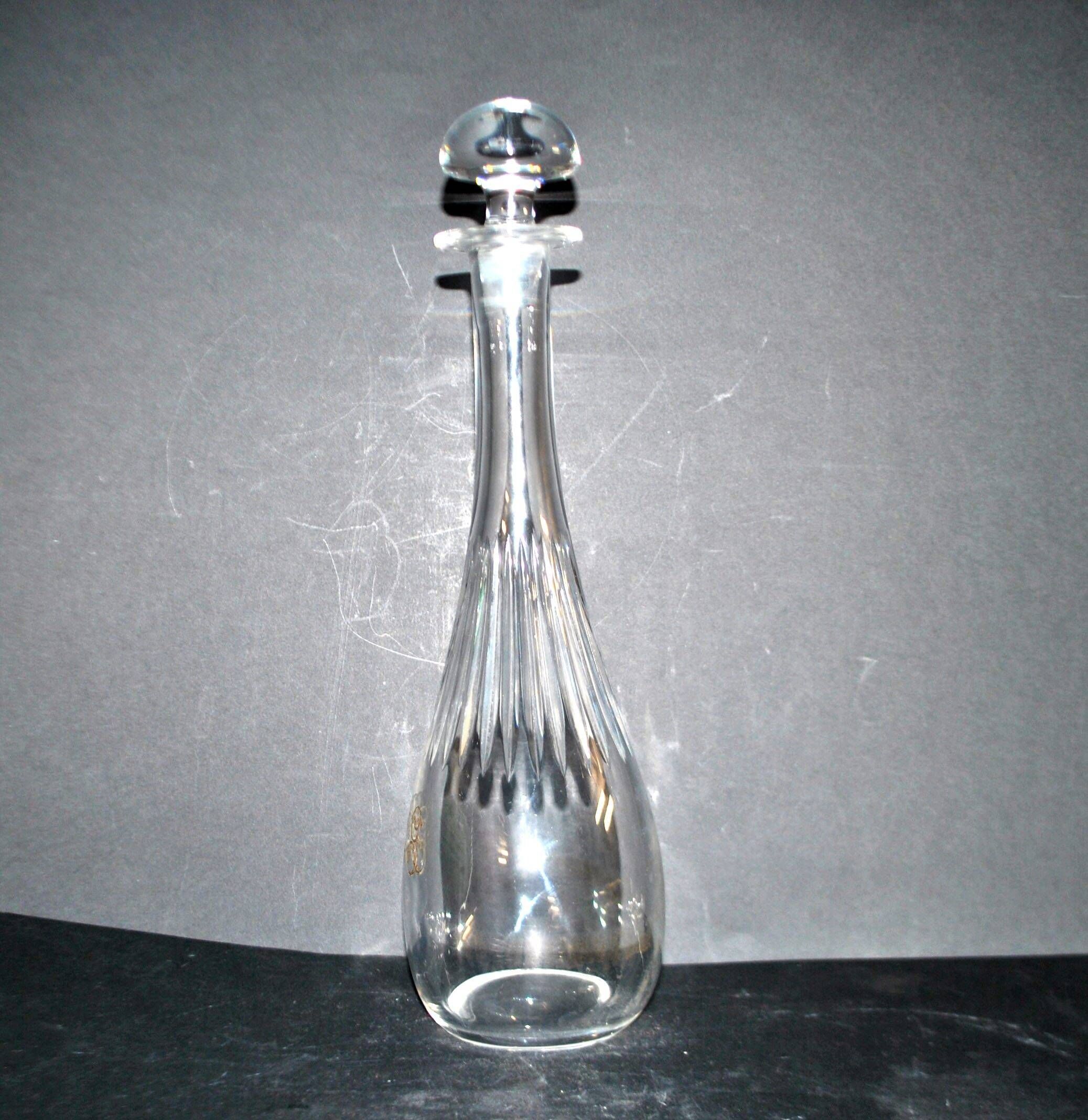 Carafe ancienne en cristal taillé et gravure dorée monogramme RG H33.5cm