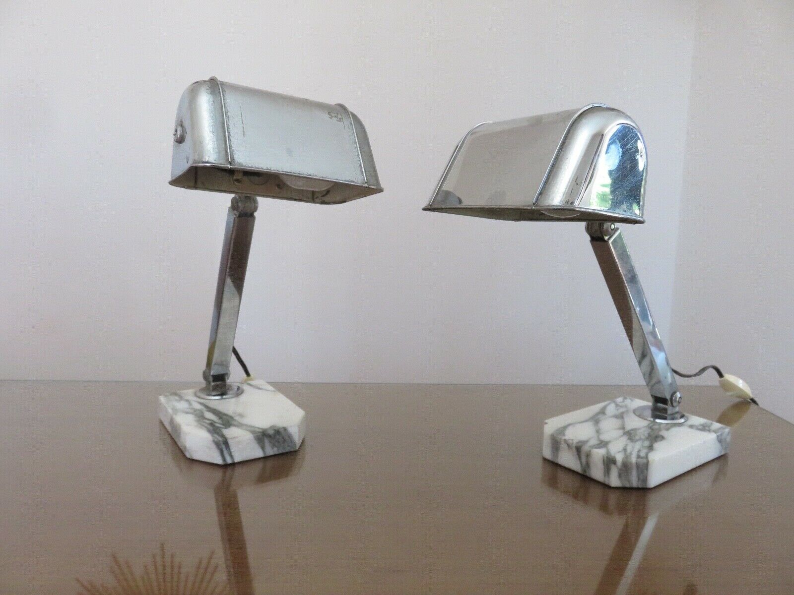 Pair of Art Deco lamps in chrome brass and Carrara marble 30s 40s