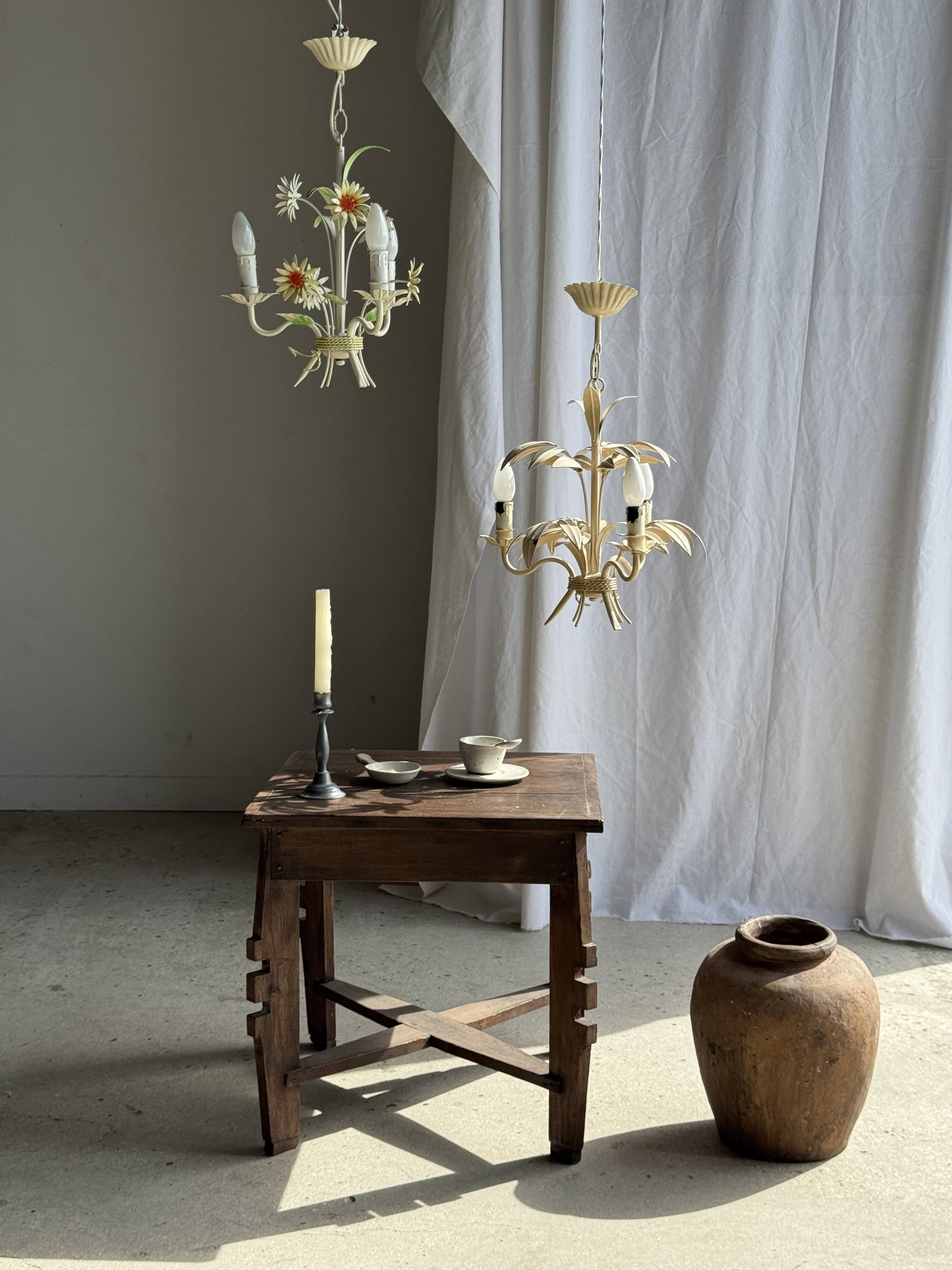 Small vintage cream metal flower chandelier with orange flowers and 3 arms.