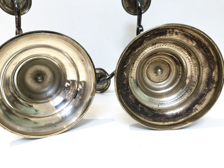 Pair of silver metal candle holders, 1950