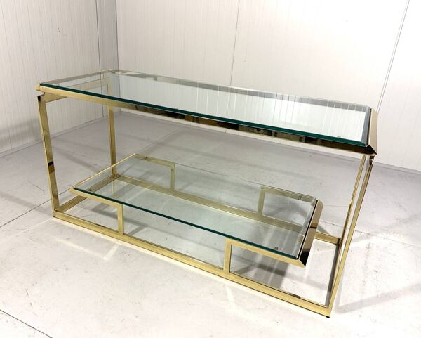 Console à deux niveaux en laiton et verre biseauté, années 1970