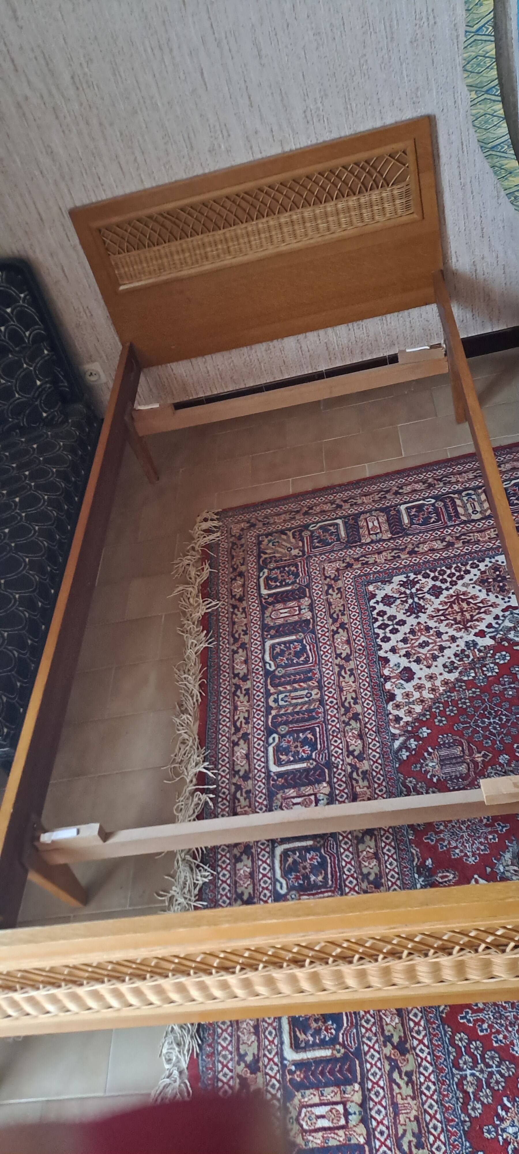 Vintage 1970s single rattan bed in blond wood