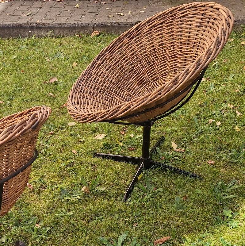 Pair of bamboo and iron pod swivel chairs, 1960s