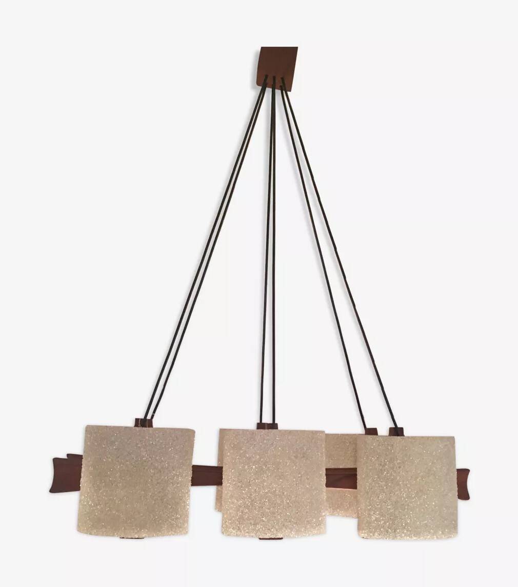 Suspension vintage 6 lumières, teck et perspex, 1960