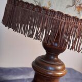 bedside lamp turned wood, lampshade dome ecru flowers and brown, rustic & romantic, 50s