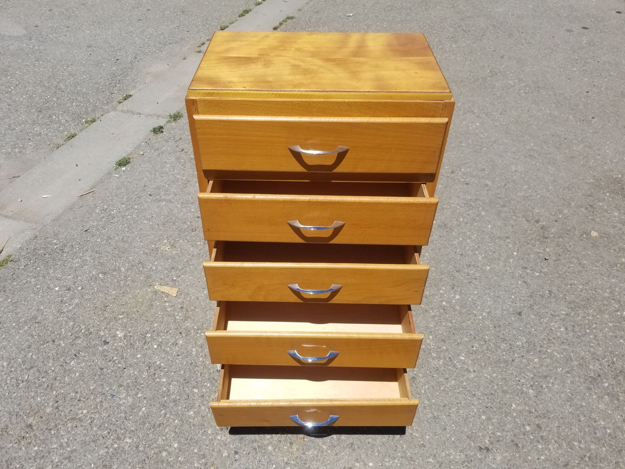Chiffonnier vintage 5 tiroirs en bois blond - années 60