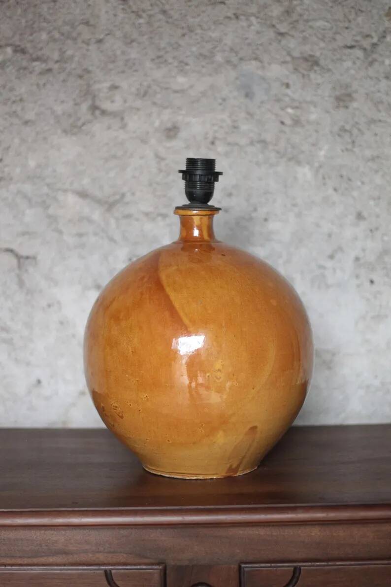 Large glazed terracotta lamp, signed globe lamp, vintage lamp, table lamp, living room lamp, interior decoration.