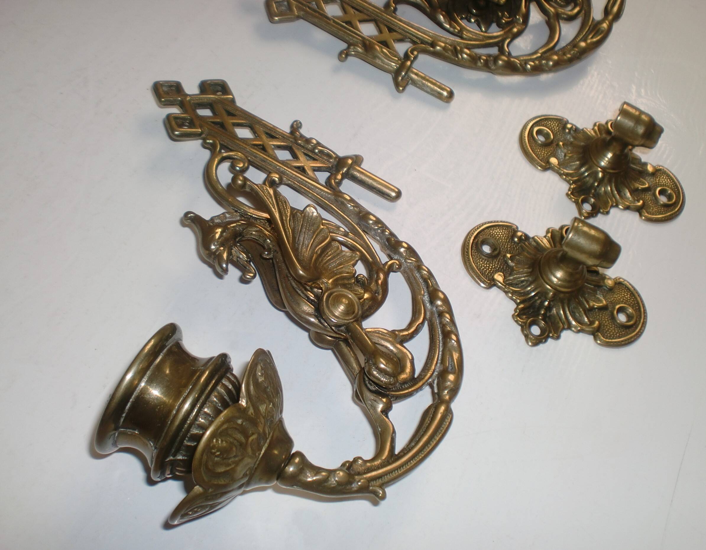 2x Art Nouveau Swivel Arm Piano or Wall Candle Holders Brass Dragon Griffin