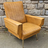 Pair of mustard skaï armchairs, brass feet