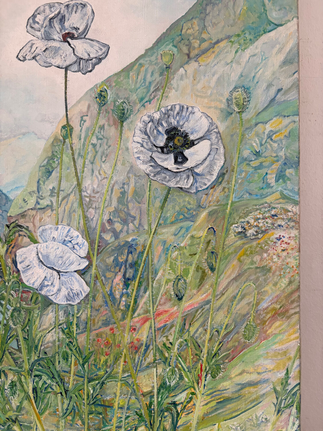 The foot of white poppies, signed Maurice Bouillot 1972