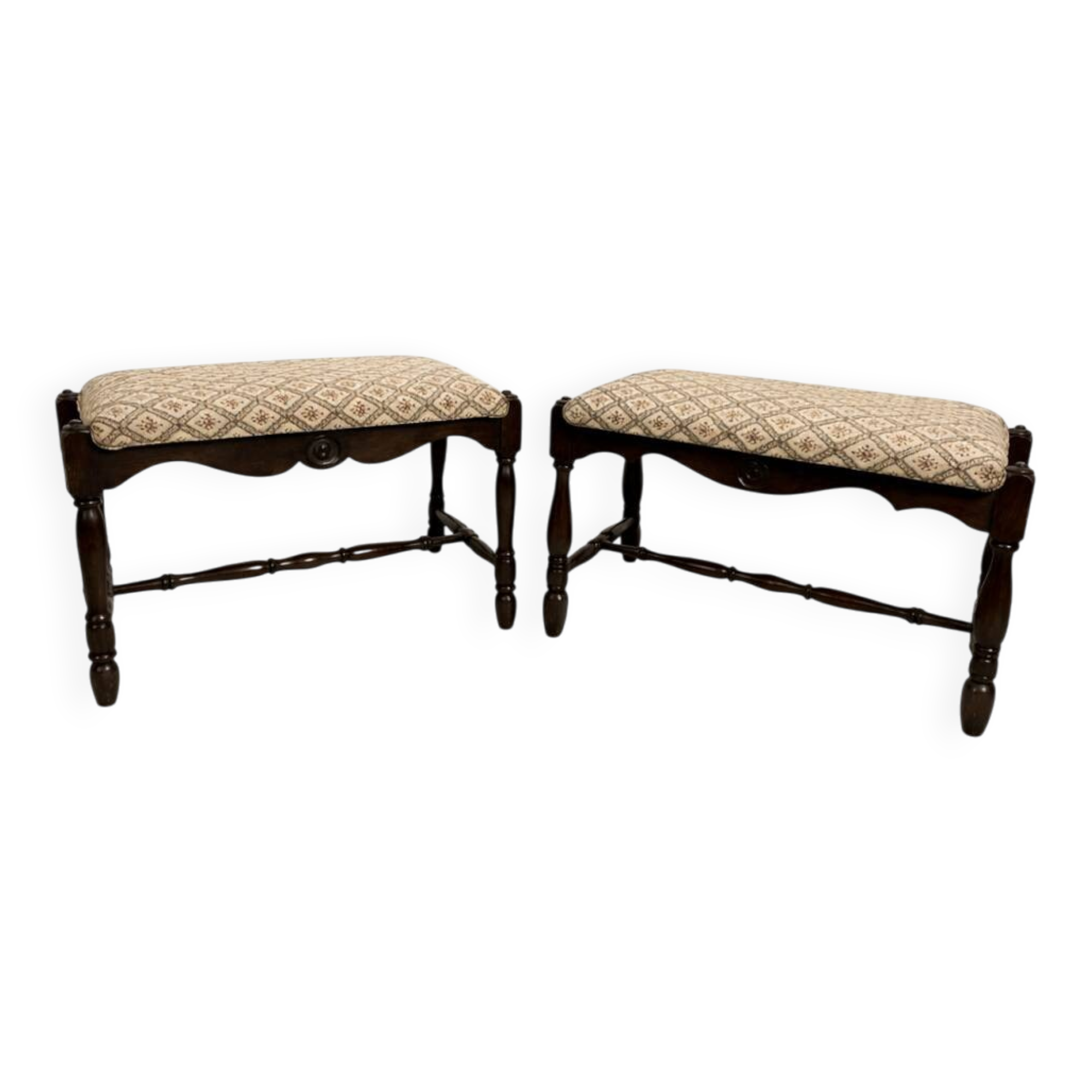 Pair of vintage solid oak stools / benches – English country style – M