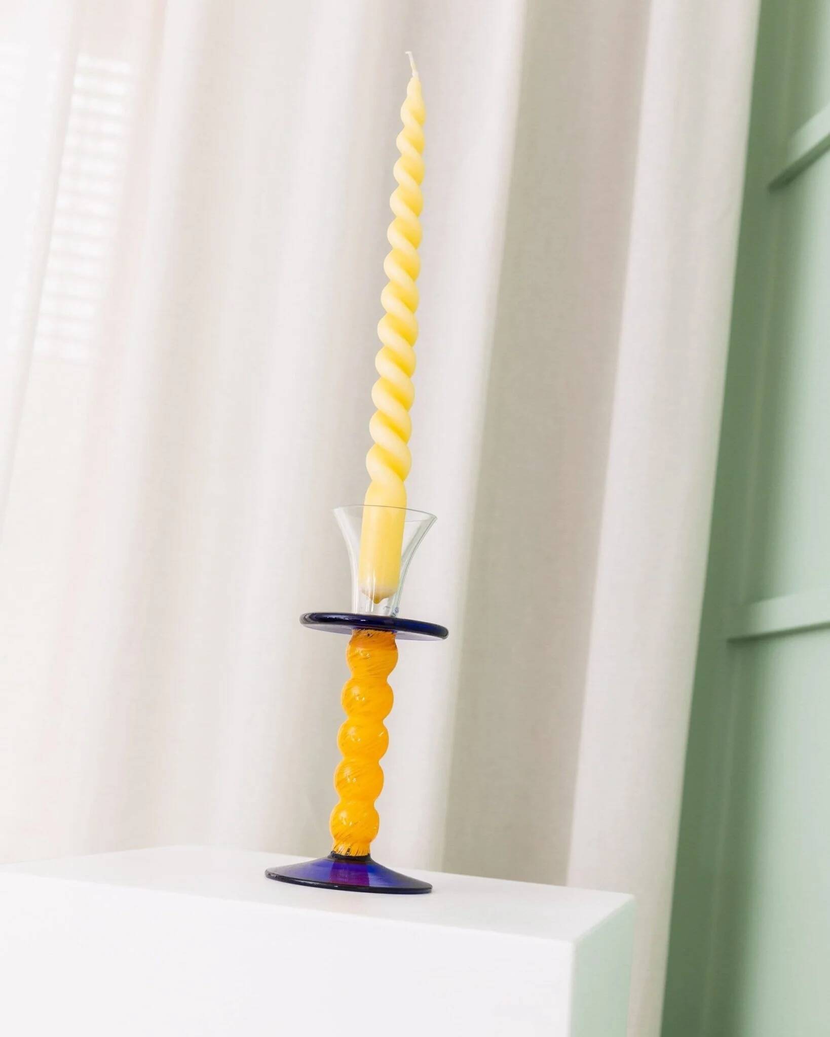 Murano Glass Candleholder - Postmodern Memphis Milano 1980s, Yellow Stem, Cobalt Base, Clear Cup