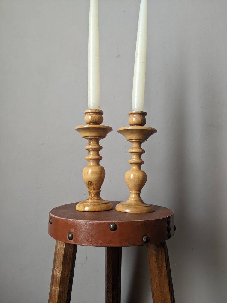 Pair of olive wood candlesticks, turned wood, handcrafted