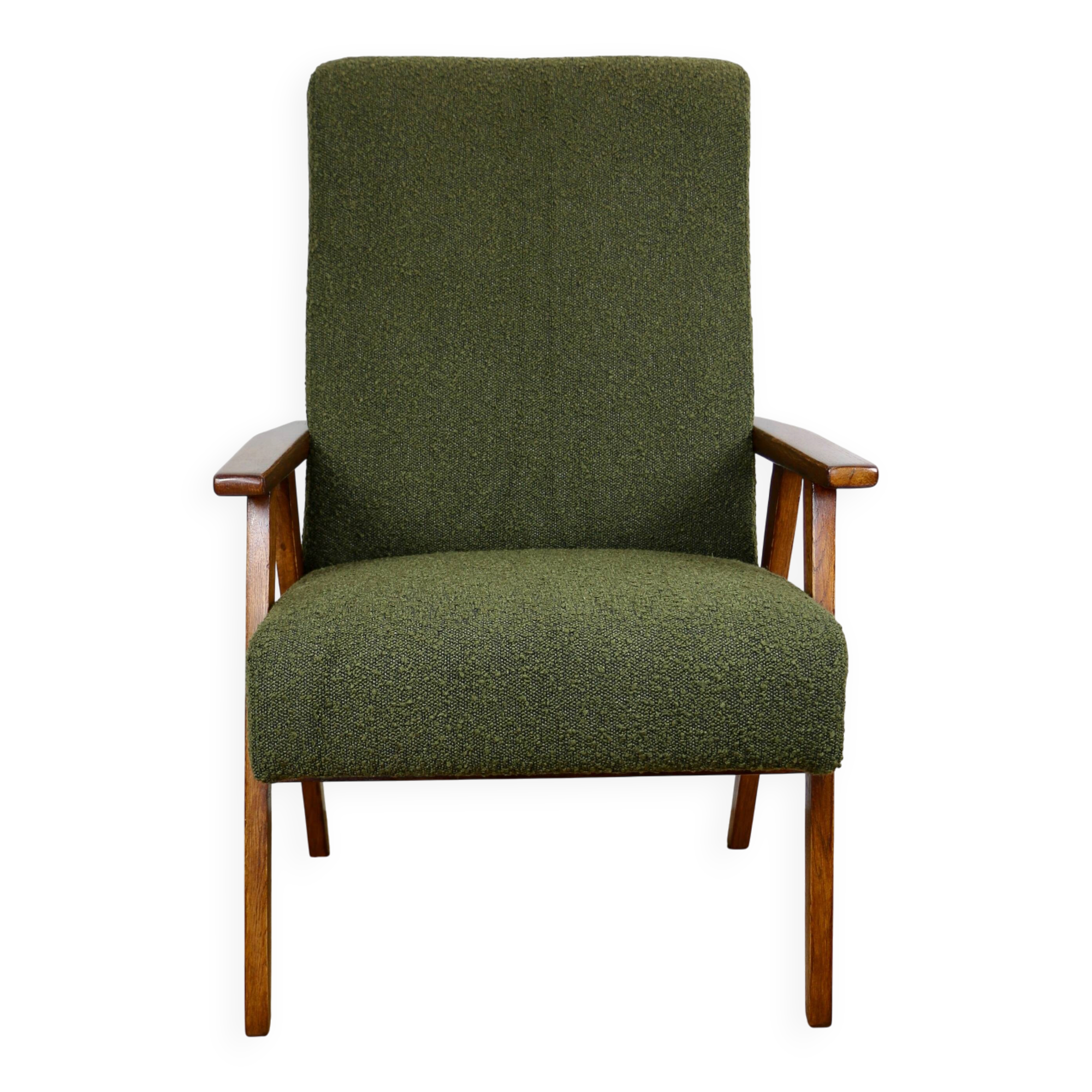 Fauteuil design vintage loft vert olive bouclé haut