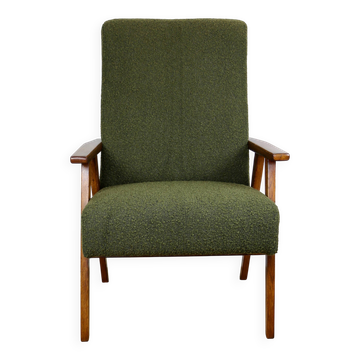 Fauteuil design vintage loft vert olive bouclé haut