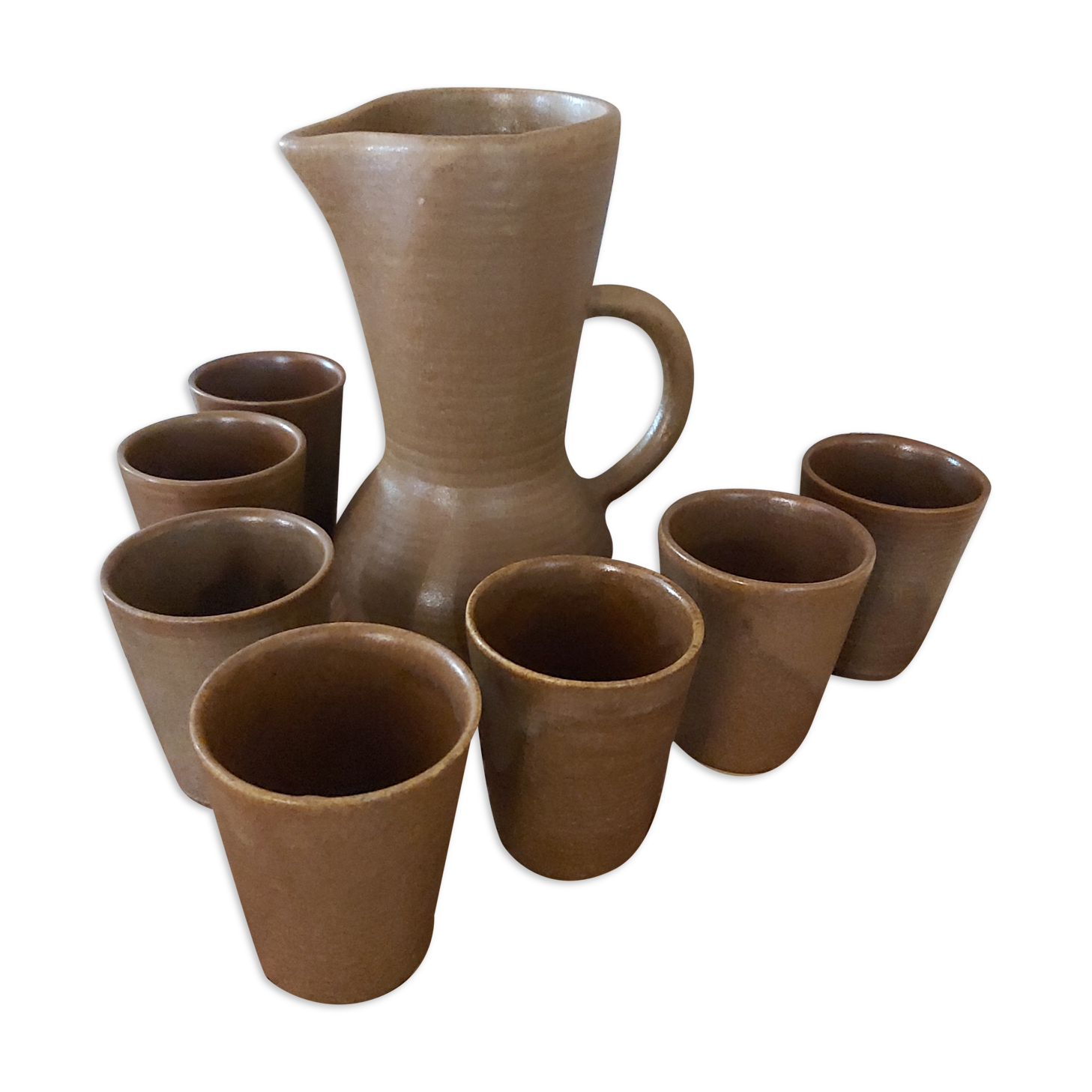 Set of 7 glasses and their Grespot Digoin stoneware decanter