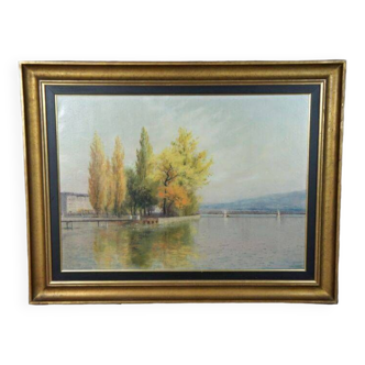 Oil on Canvas by Eugène Devaud De Madelin: Lake Geneva in Switzerland