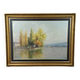 Huile sur Toile d’Eugène Devaud De Madelin : Lac de Geneve en Suisse