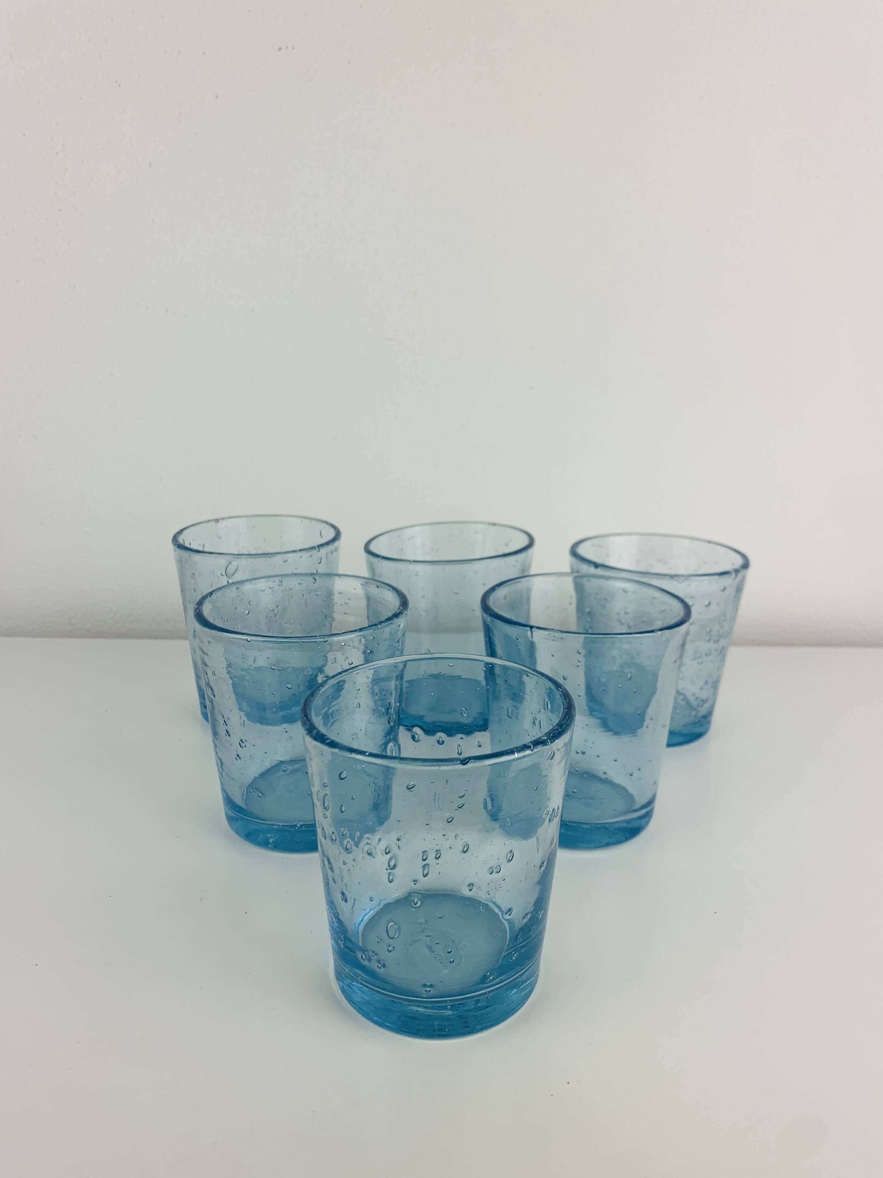 6 vintage blue bubble glass water glasses from Biot.