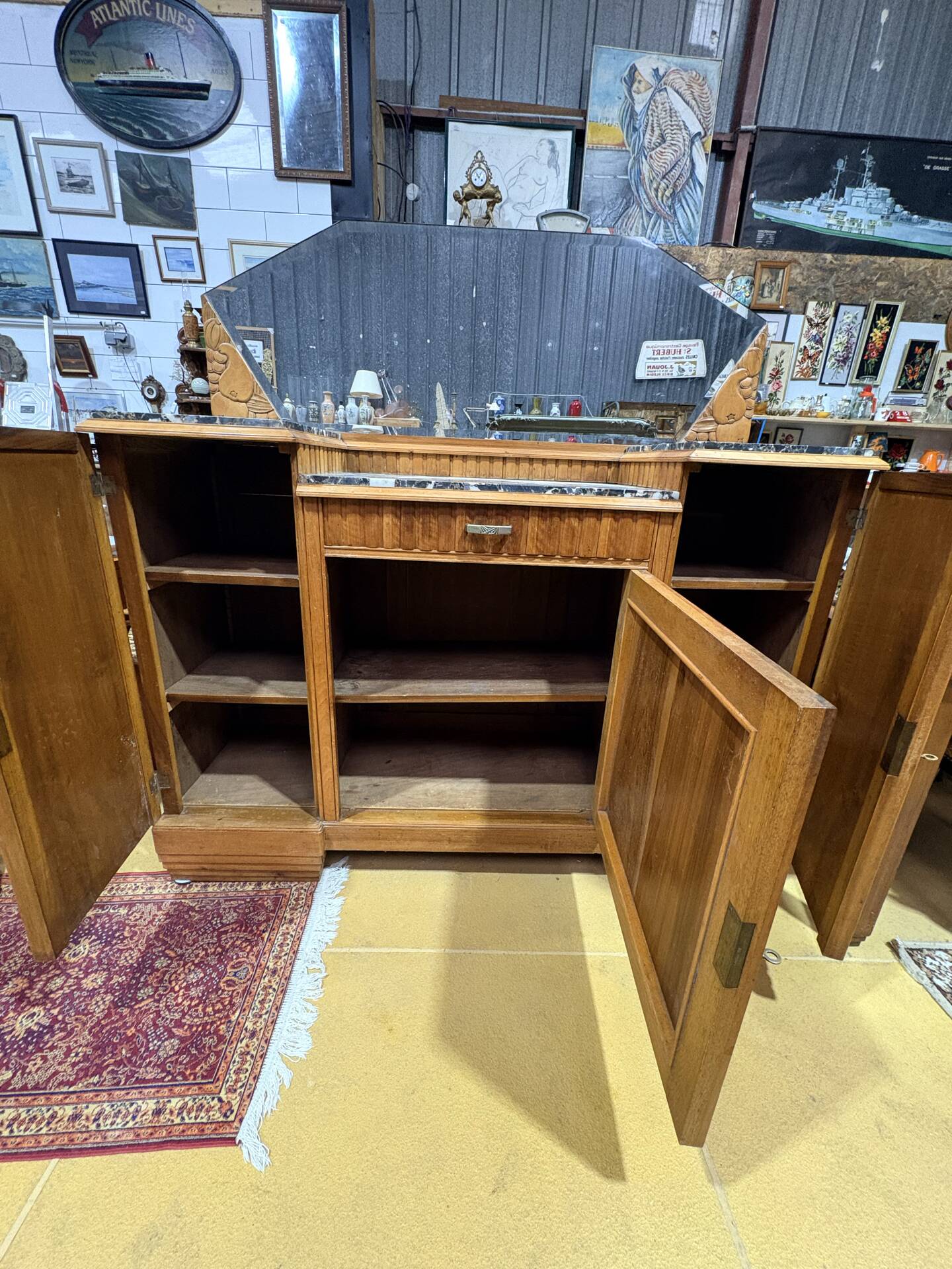 Art Deco buffet in carved walnut, marble and large mirror – 1930s