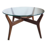 Table basse ronde en teck et verre des années 1960