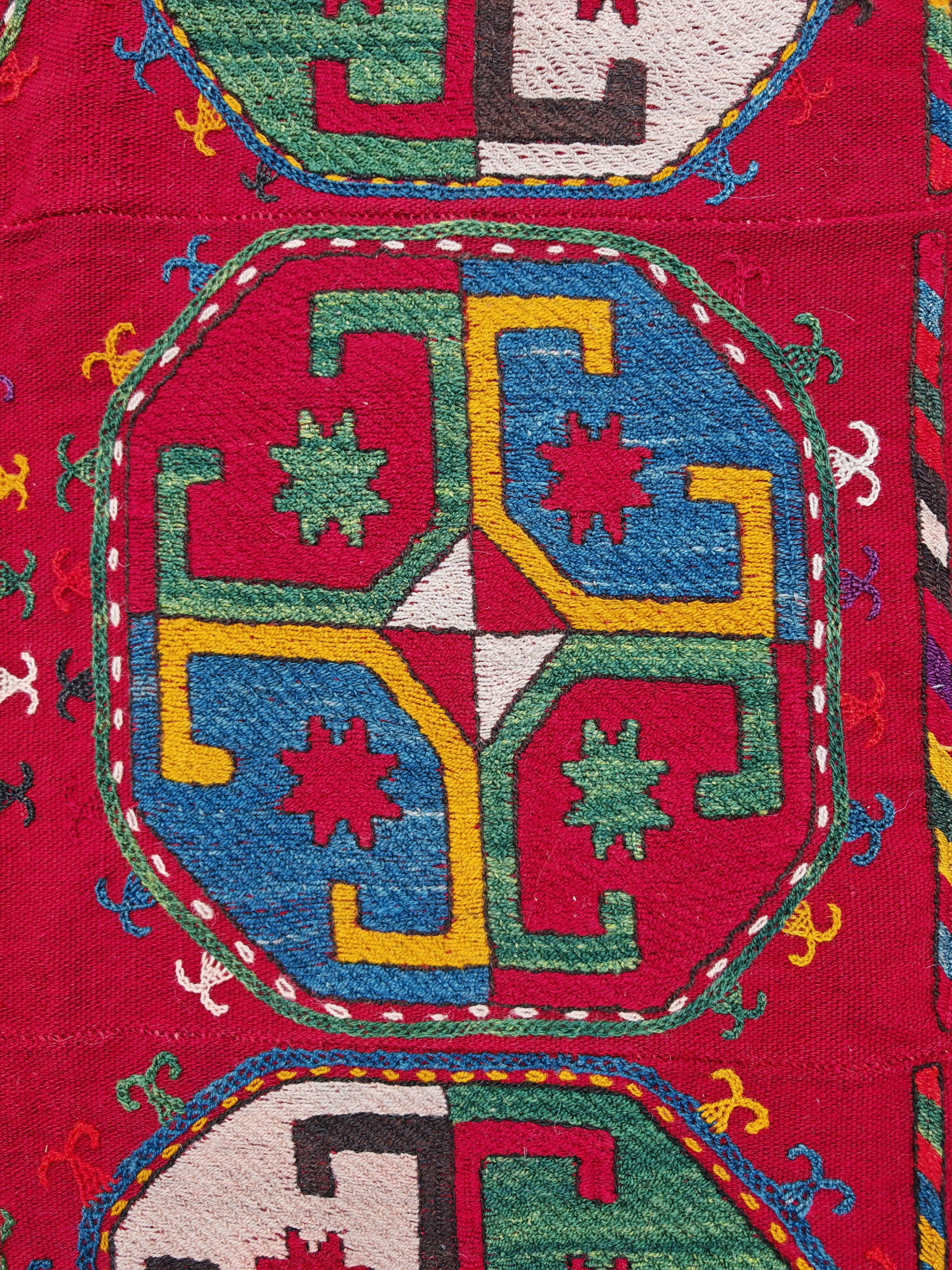 Ancient Uzbek Carpet Mixed Technique Flat Woven, Early 20th Century