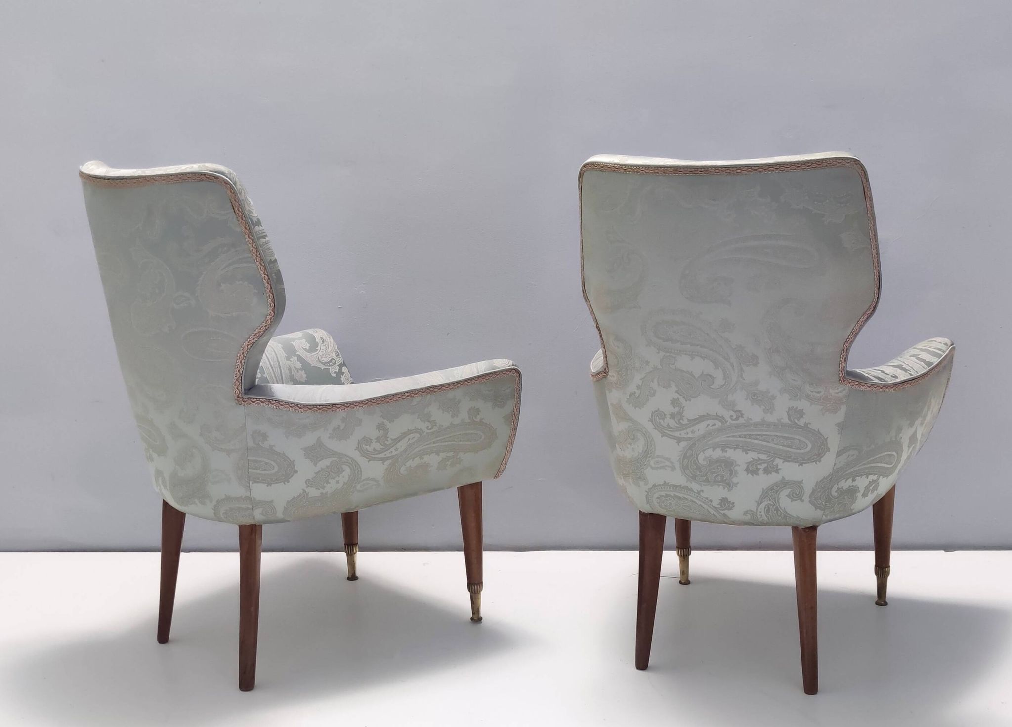 Pair of Grey Satin Lounge Chairs with Walnut Frame and Brass Feet Caps