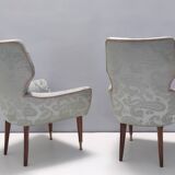 Pair of Grey Satin Lounge Chairs with Walnut Frame and Brass Feet Caps