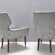 Pair of Grey Satin Lounge Chairs with Walnut Frame and Brass Feet Caps