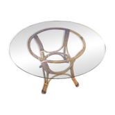 Table verre fumé et rotin 70's
