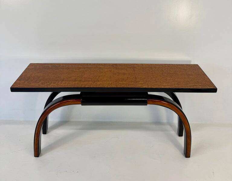 Italian 1940s Art Deco Console in Black Lacquer, Walnut and Maple Burl