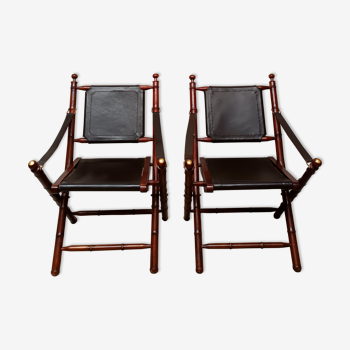 Pair of vintage "safari" folding armchairs in mahogany and leather