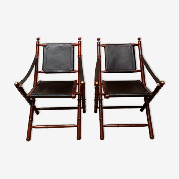 Paire de fauteuils pliants "safari" vintage en acajou et cuir