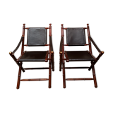 Pair of vintage "safari" folding armchairs in mahogany and leather