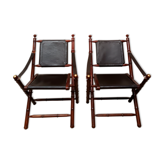 Pair of vintage "safari" folding armchairs in mahogany and leather