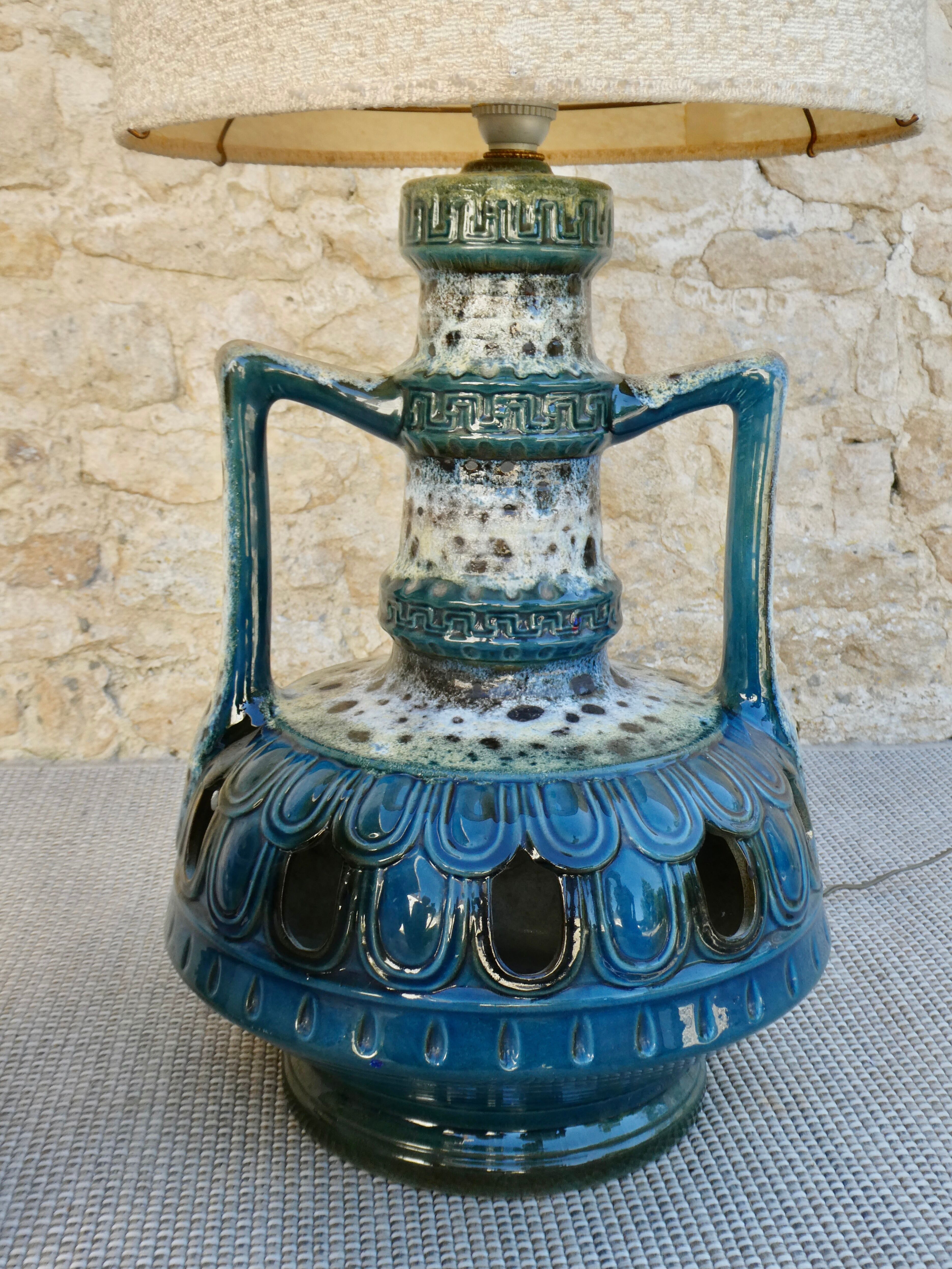 Blue ceramic floor lamp, Fat Lava, double lighting, 70s