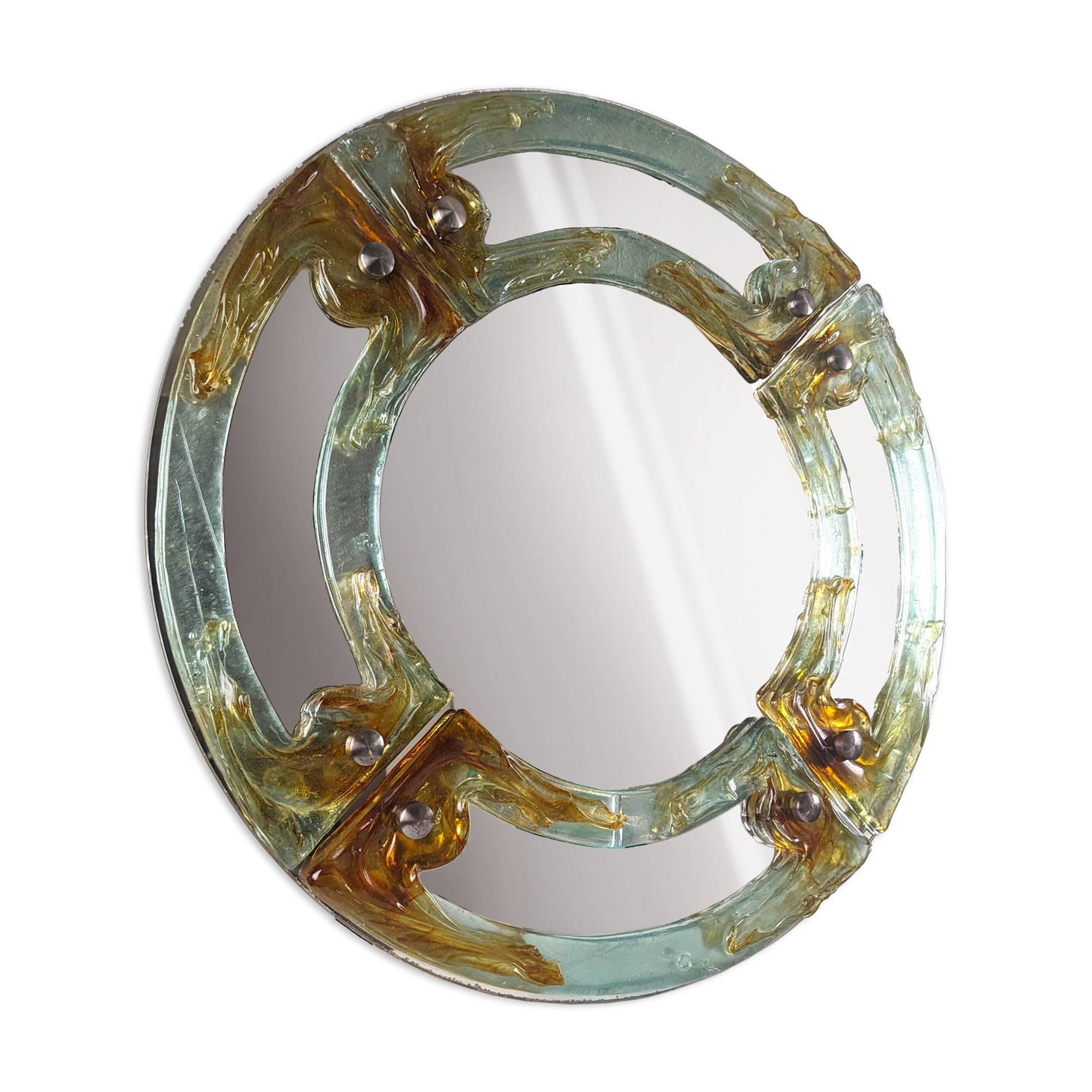 Venetian round mirror in amber murano glass by Mazzega 1960s