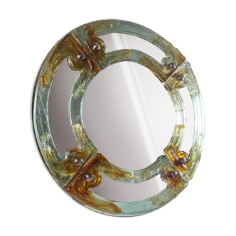 Venetian round mirror in amber murano glass by Mazzega 1960s