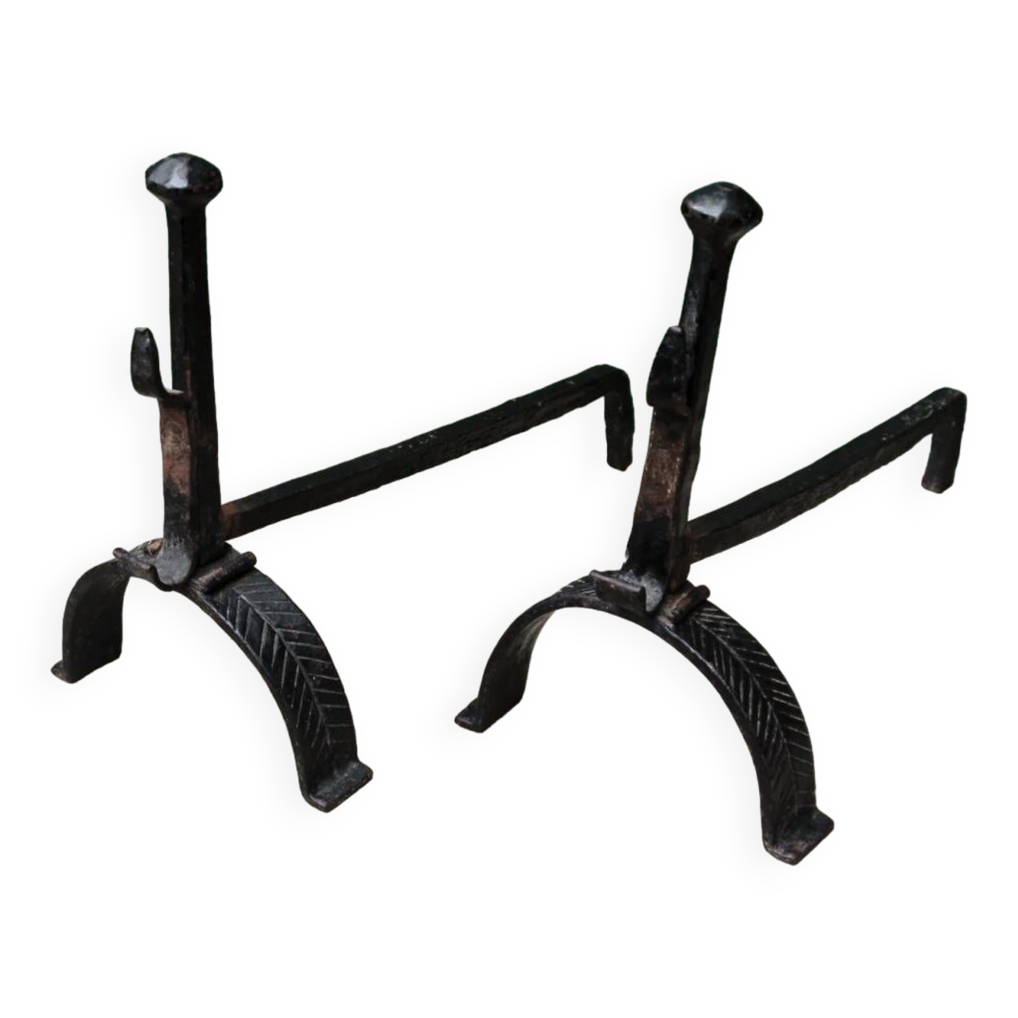 Pair of wrought iron andirons; 17th century