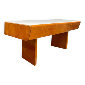 Console basse vintage en bois avec verre opalin, 1960