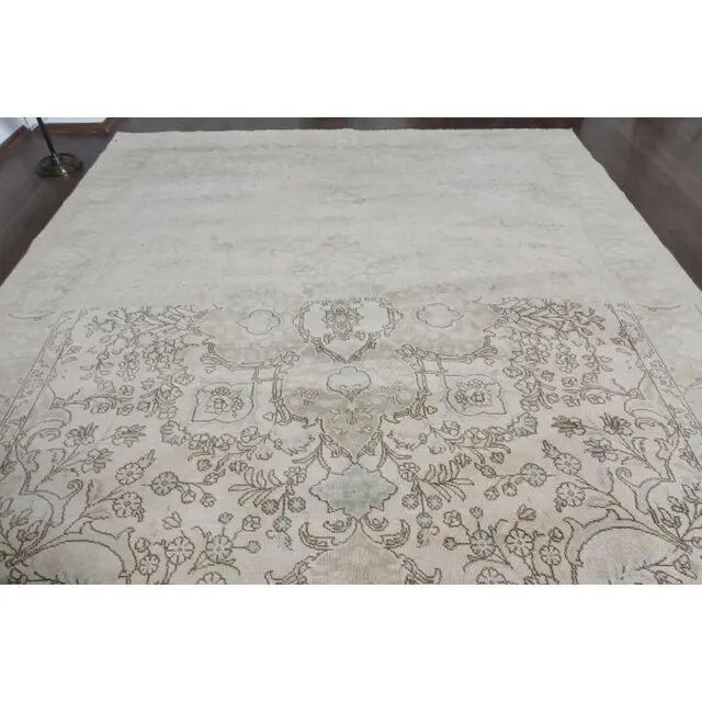 1970s Vintage Persian Handmade Wool Cotton Beige Area Rug 285x370