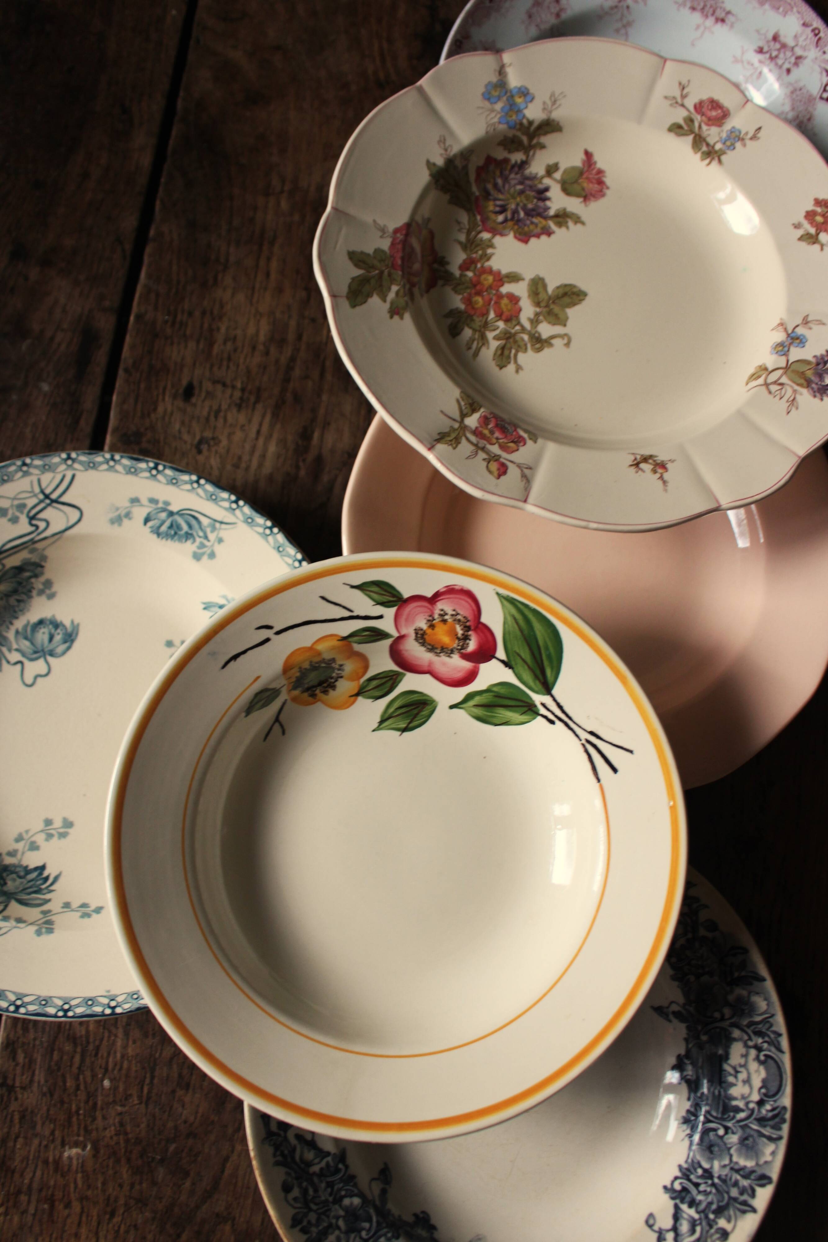 6 mismatched Terre de Fer soup plates from Digoin Sarreguemines