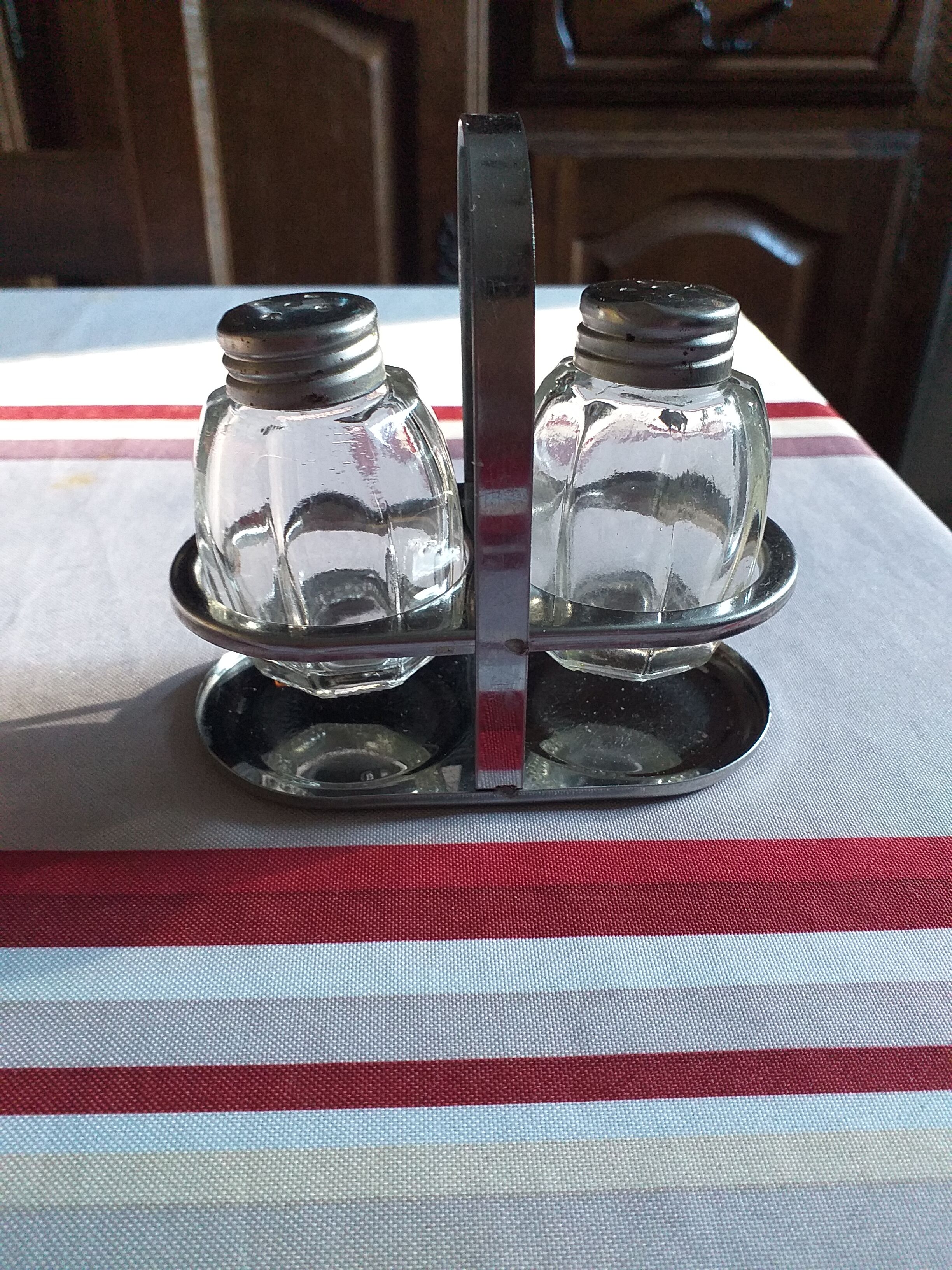 Glass and vintage metal salt and pepper shaker