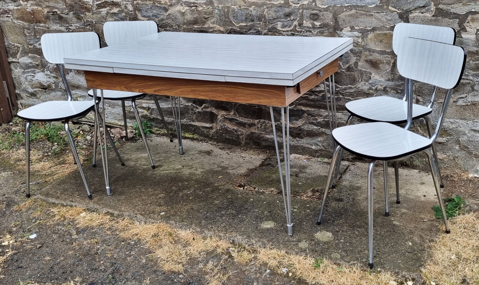 Set table chairs formica bicolor white and wood, feet eiffel, SIF, 70s, its 4 chairs
