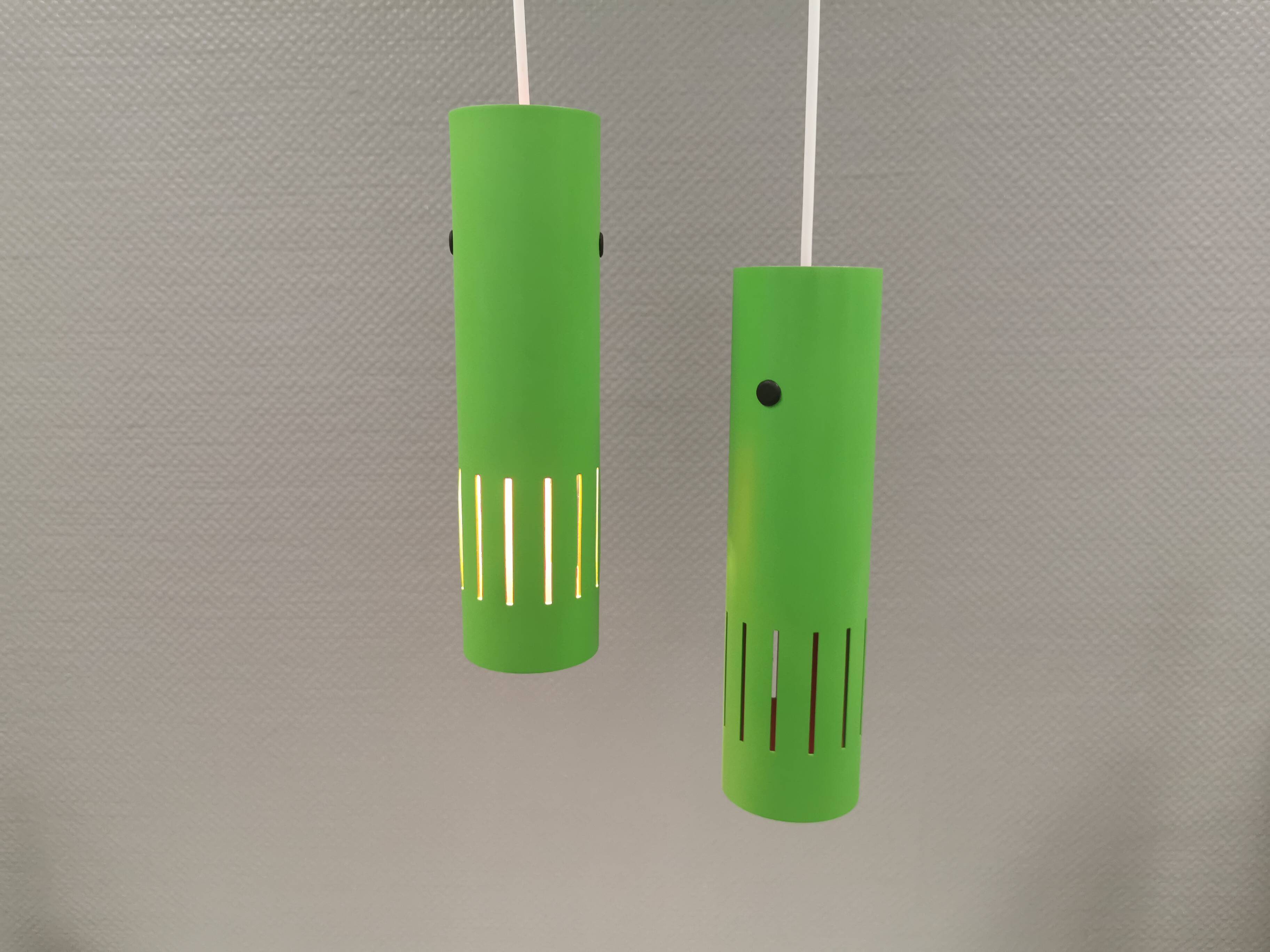Trombone hanging lamps, refurbished, repainted in beautiful green colours