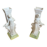 Pair of art deco vases antique crackled white ceramic vintage