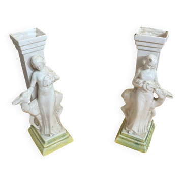 Pair of art deco vases antique crackled white ceramic vintage