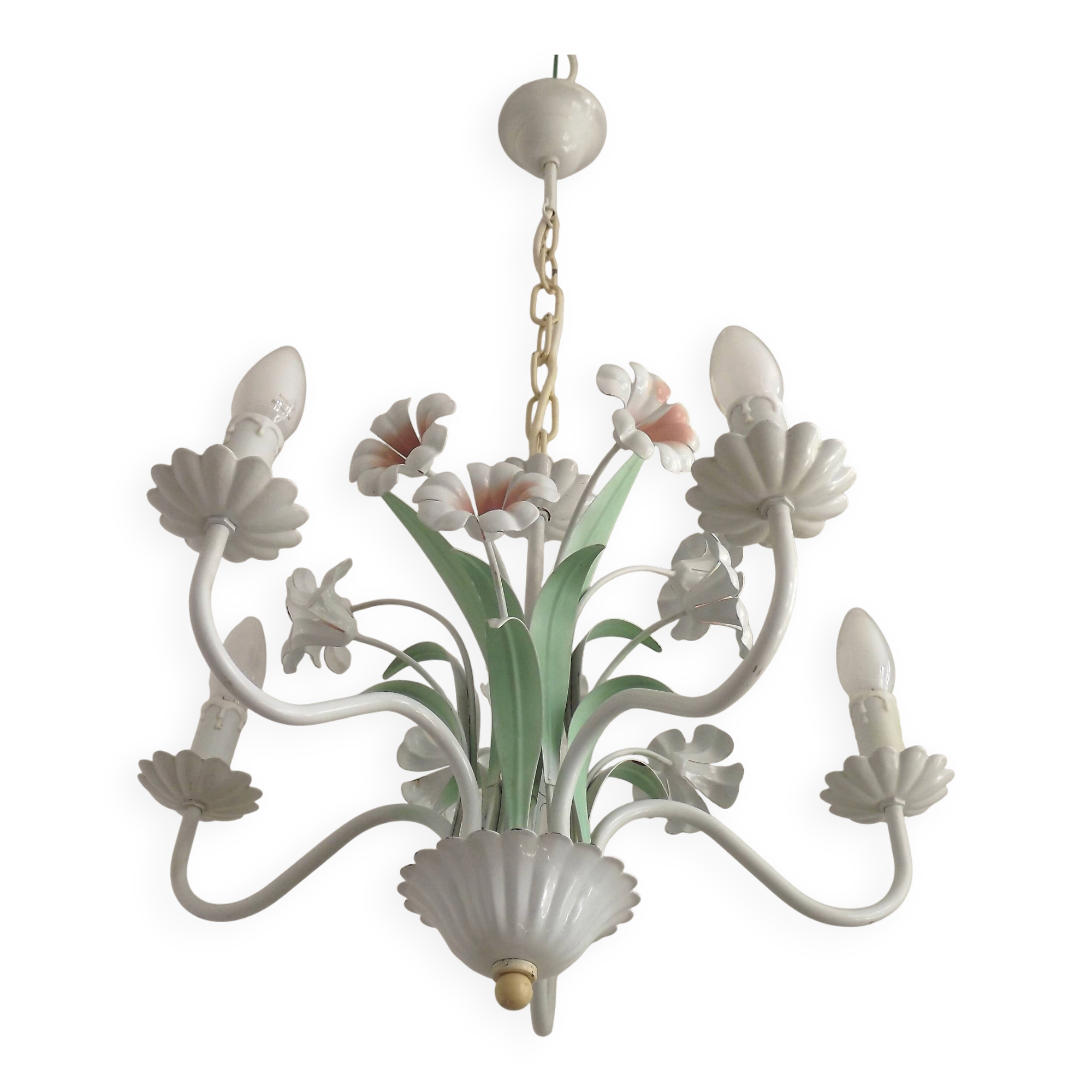 French Vintage 5 Light White Metal Chandelier With Pretty Pink Flowers