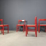 Chaises de salle à manger en laque rouge et osier, années 1970